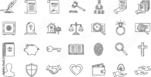 Set of Thin Line Icons Representing Legal, Financial, Family, and Religious Concepts