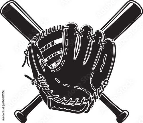 Baseball Glove and Crossed Bats in Black and White