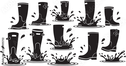 Black Rubber Boots in Water Splashes Silhouette Illustration Set