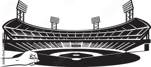 Black and White Illustration of a Baseball Stadium Field