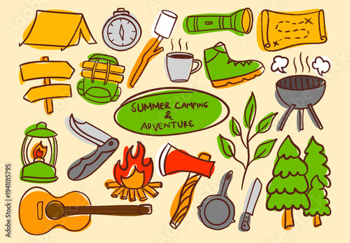 colorful set of hand drawn camping and outdoor adventure elements. perfect for stickers, apparel, streetwear, and summer nature themed creative designs