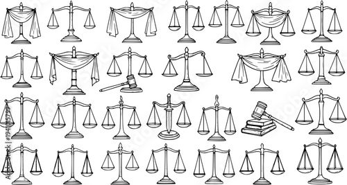 Hand-Drawn Scales of Justice, Gavel, and Law Symbols Seamless Pattern