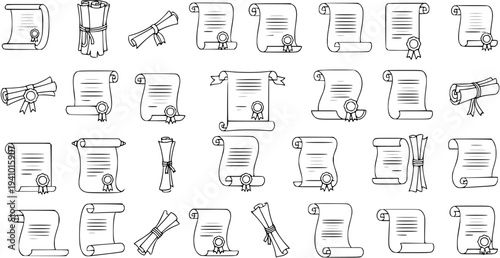 Collection of Hand-Drawn Scroll and Diploma Icons, Certificates, Awards, and Documents