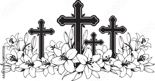 Black and white crosses with flowers illustration design