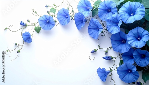 Blue Morning Glory Flowers on White Background 1.