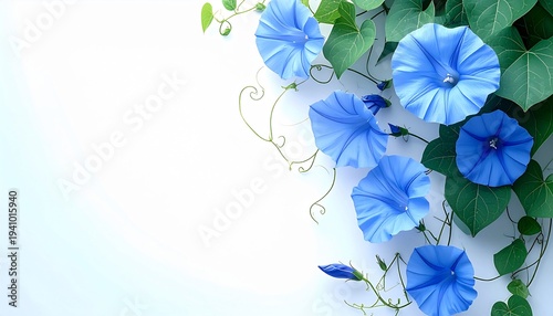 Blue Morning Glory Flowers on White Background.