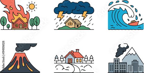 Natural catastrophe scenes collection with burning house thunderstorm tsunami volcano eruption and snow winter