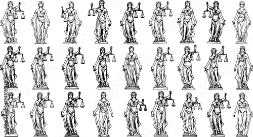 Repeating pattern of Justice Lady statues holding scales and swords, black and white illustration