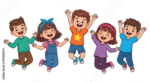 Group of five happy cartoon children jumping high together with wide smiles and raised arms