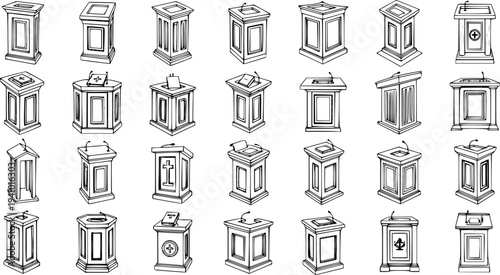 Black and White Line Art Vector Icons: Podiums, Lecterns, Pulpits  Ballot Boxes for Public Speaking, Politics, Religion, and Education - Communication Outline Set