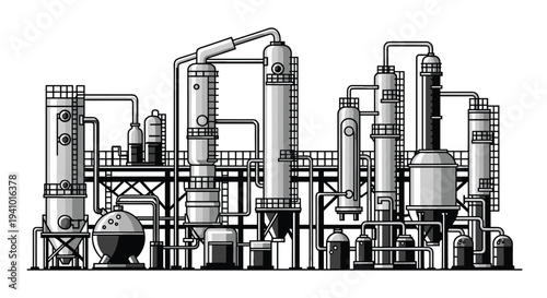 A grayscale technical illustration of an industrial chemical plant featuring distillation towers and pipes.