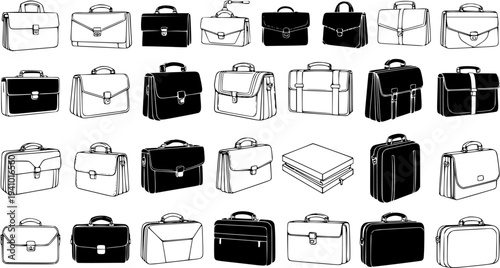 Business Briefcases and Attache Cases Vector Set. Black and White Line Art and Silhouette Icons for Professional Office, Corporate, Finance, and Legal Industry Concepts, Hand-Drawn Style.