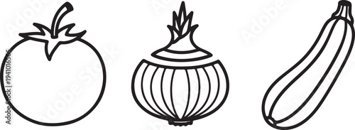 Vegetable Icons: Tomato Onion Zucchini Line Art Isolated on White Background