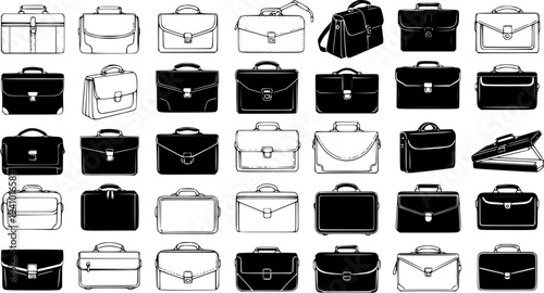 Black and White Business Briefcase Icons Collection - Professional Corporate Attache Cases in Line Art and Solid Glyph Silhouette Style