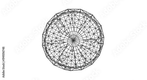 A complex black geometric wireframe sphere made of interconnected triangular lines is centered on a plain white background in a wide view.