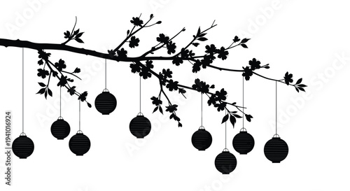 A black silhouette of a flowering cherry blossom branch with ten round paper lanterns hangs against a solid white background.
