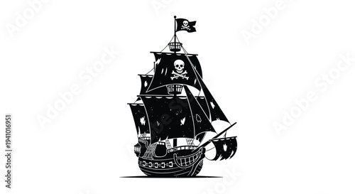 A detailed black and white illustration of a pirate ship with tattered sails and a skull and crossbones flag sails on water.