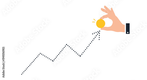 A human hand holds a yellow gold coin at the tip of a black dotted arrow pointing upward on a white background.