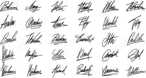 Collection of elegant handwritten signatures in black and white line art and script calligraphy style, ideal for personal branding, digital identity, document authentication