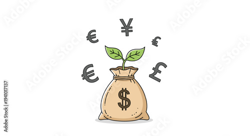 A hand-drawn illustration of a tan burlap money sack with a green sprout growing from the top surrounded by floating gray international currency symbols on a plain white background.