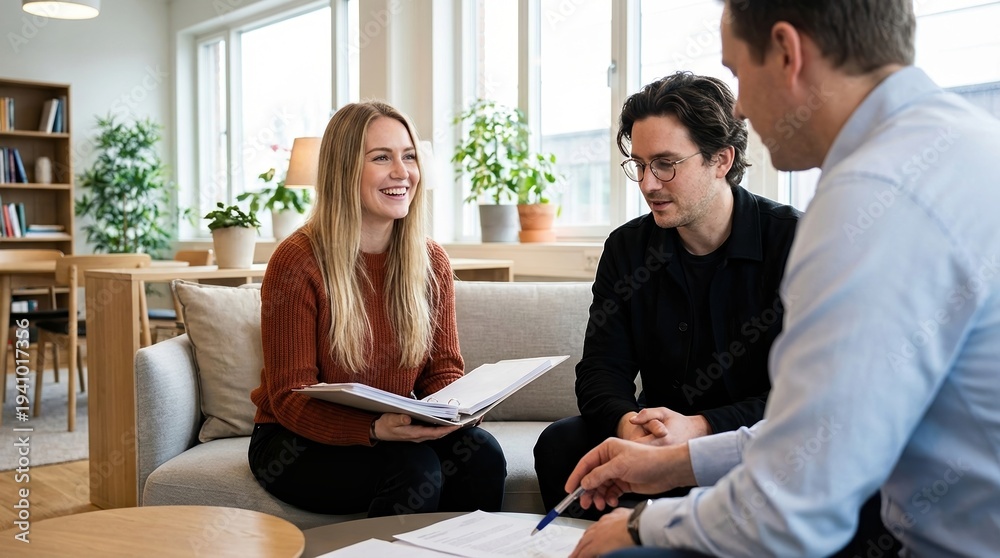 Fototapeta premium business meeting, financial advisor, young couple, consultation, investment, planning, mortgage discuss a contract with a professional consultant in a bright modern office space.