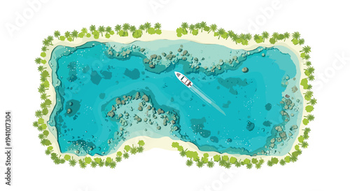 A high-angle top-down illustration of a white speedboat cruising through clear turquoise lagoon waters surrounded by a sandy island ringed with lush green palm trees and coral reefs.