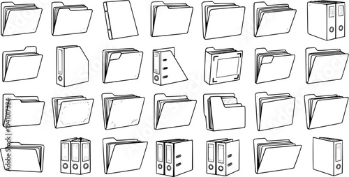 Office and Business Document Management Icons Set: Hand-drawn Black and White Line Art Collection of Various Folders, Files, Binders, and Organizers Vector Illustrations