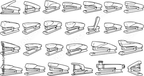 Office Stationery Black and White Line Art Vector Set of Staplers. Diverse Collection of Business and School Supplies for Paperwork, Education, and Desktop Essentials in Outline Style.