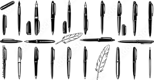 Monochrome Black and White Line Art Set of Writing Instruments Icons - Vector Collection of Fountain, Ballpoint Pens, and Feather Quill for Office, Education, and Stationery Design