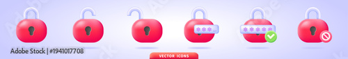 Password security padlock icon set showing locked and unlocked states with password fields, validation checkmarks and error symbols in glossy 3d cartoon style illustration