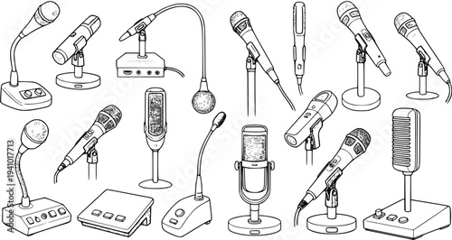 Black and White Line Art Set of Various Microphones. Hand Drawn Audio Technology and Communication Devices Collection for Recording, Broadcasting, and Public Speaking Equipment.