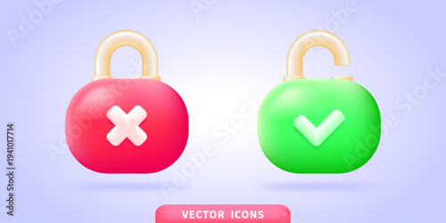 Locked and unlocked padlock icons with check mark and cross symbols in 3d render style, glossy gradient green and red security locks illustration set for ui design