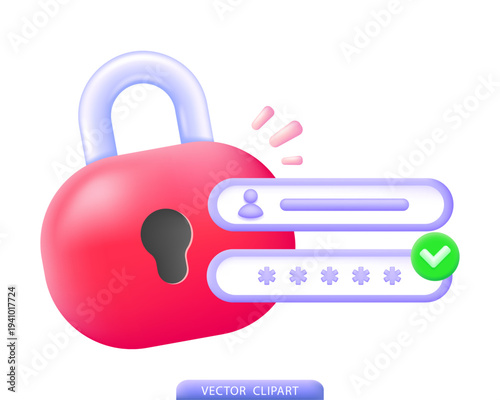 Vibrant 3D glossy illustration of digital security authentication, showing an open padlock, user login input, password field masked with asterisks, and a green checkmark, designed for modern apps.
