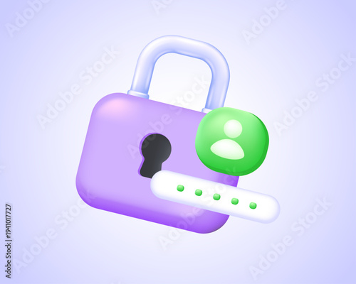 Three dimensional password security authentication illustration with purple padlock green user profile icon and login dots isolated on transparent background vector render
