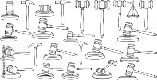 Law and Justice Gavels and Hammers Vector Line Art Illustration Set. Collection of Black and White Outline Drawing Icons for Legal Themes, Auctions, Construction, and Tools.