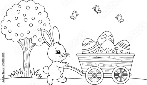 Easter bunny coloring page with cute rabbit and wagon full of eggs