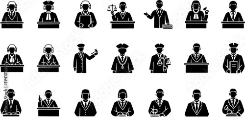 Set of Black and White Icons Representing Judges, Lawyers, and Legal Professionals in Various Poses and Attire