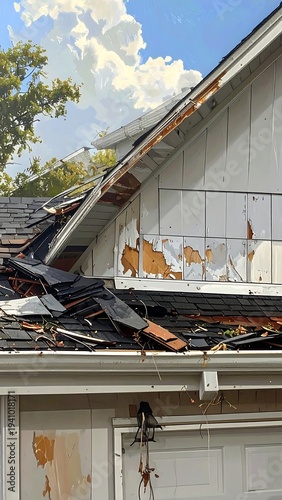 A house with a damaged roof and peeling siding