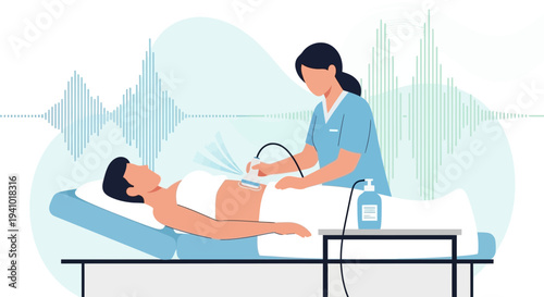 Medical Ultrasound Scan: Doctor Performing Abdominal Sonography on Patient in Clinic