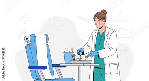 Medical Professional Preparing Injection Near Patient Chair in Clinic