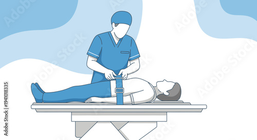 Medical professional securing patient on examination table with safety straps
