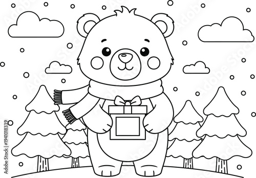 Cute bear holding gift coloring page for kids with winter scene