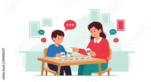 Mother and son playing educational card game, learning and communication at home