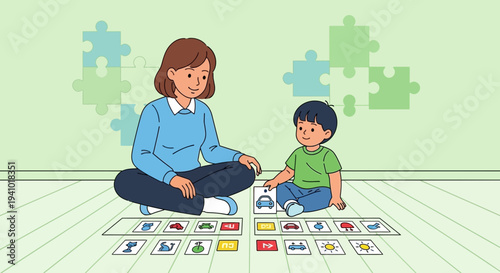 Mother and child playing educational game with car cards, learning and development