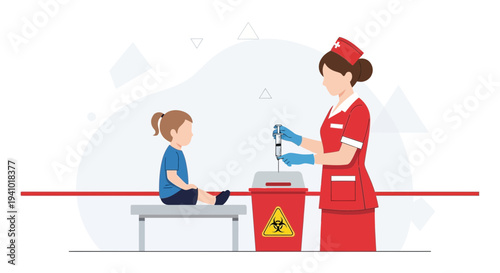 Nurse administering injection to child, medical waste disposal, healthcare concept