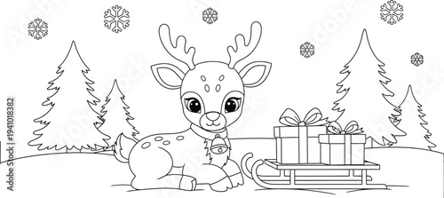 Reindeer coloring page with christmas trees and gifts for kids