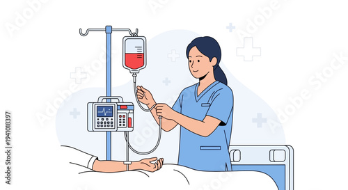 Nurse Administering IV Drip to Patient in Hospital Bed, Medical Care Illustration