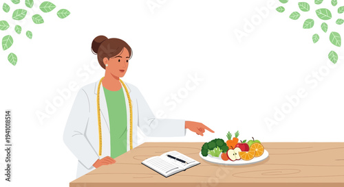 Nutritionist pointing at healthy food plate with fruits and vegetables, notebook on table