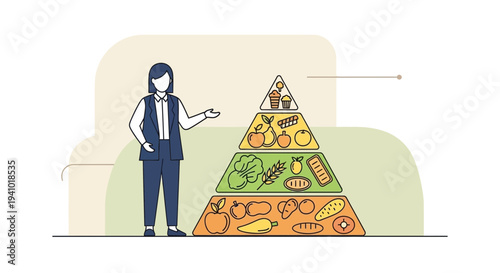 Nutritionist explains food pyramid with healthy diet choices and balanced nutrition