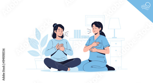 Nurse teaching patient deep breathing exercises for relaxation and recovery